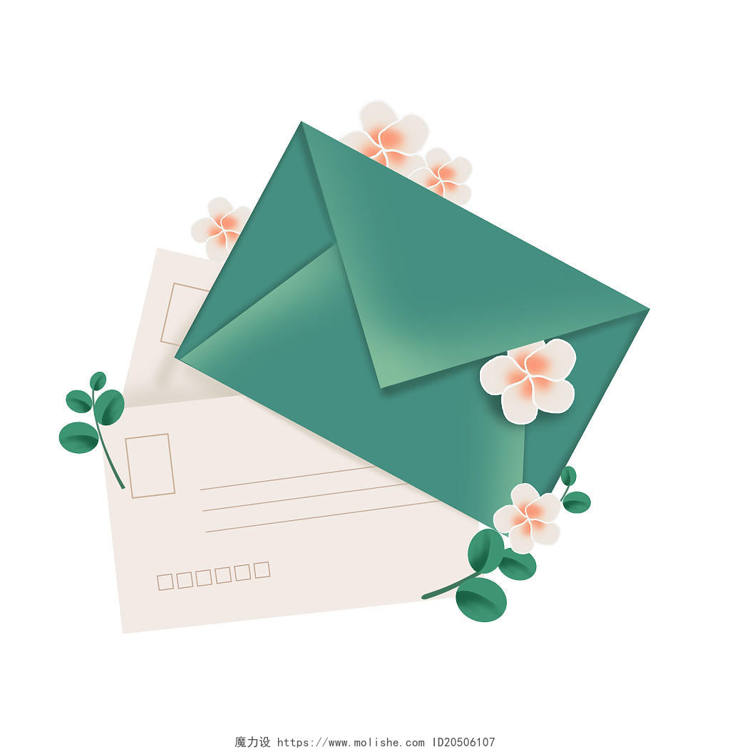 手绘春天信封信纸花朵森系治愈元素春天信纸清新绿色春天信纸信纸文字框信纸